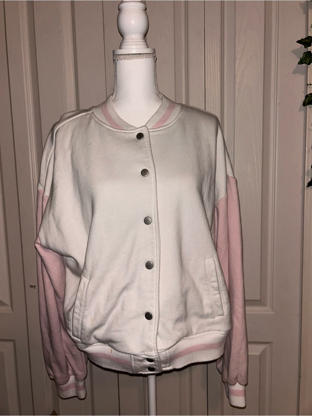 No Boundaries White and Light Pink Varsity Bomber Jacket